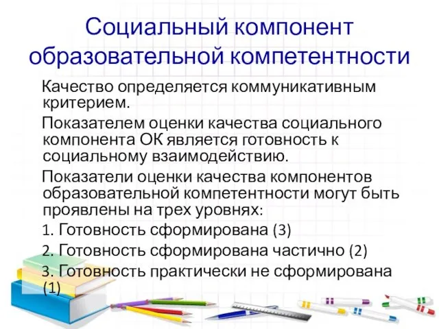 Социальный компонент образовательной компетентности Качество определяется коммуникативным критерием. Показателем оценки качества