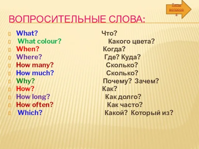 ВОПРОСИТЕЛЬНЫЕ СЛОВА: What? Что? What colour? Какого цвета? When? Когда? Where?