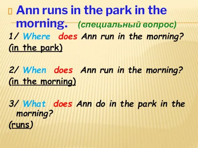 Ann runs in the park in the morning. (специальный вопрос) 1/