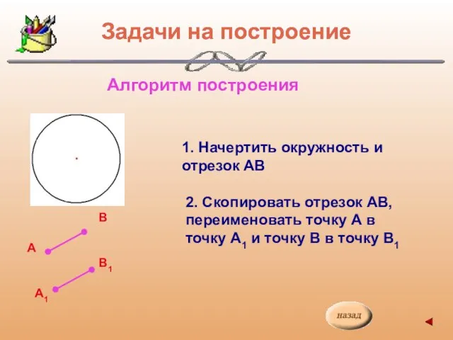 Задачи на построение Алгоритм построения А В1 А1 В 1. Начертить