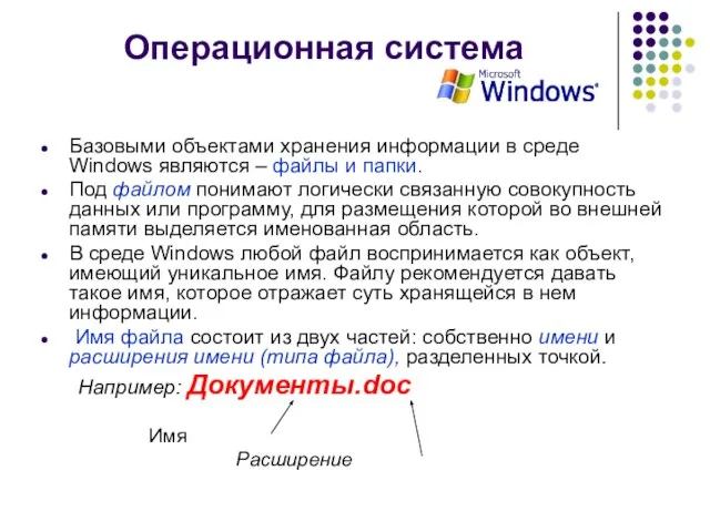 Операционная система Базовыми объектами хранения информации в среде Windows являются –
