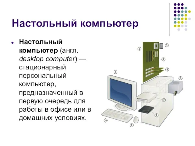 Настольный компьютер Настольный компьютер (англ. desktop computer) — стационарный персональный компьютер,