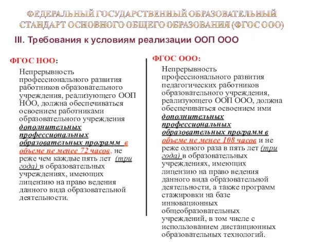 III. Требования к условиям реализации ООП ООО ФГОС НОО: Непрерывность профессионального