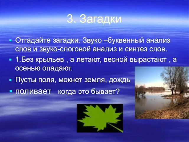 3. Загадки Отгадайте загадки. Звуко –буквенный анализ слов и звуко-слоговой анализ