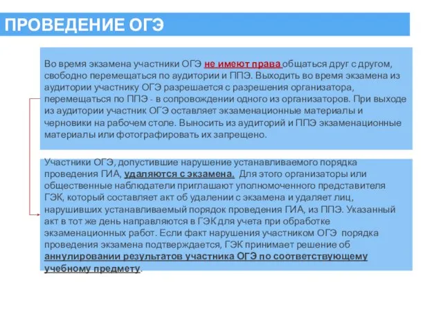 ПРОВЕДЕНИЕ ОГЭ Во время экзамена участники ОГЭ не имеют права общаться