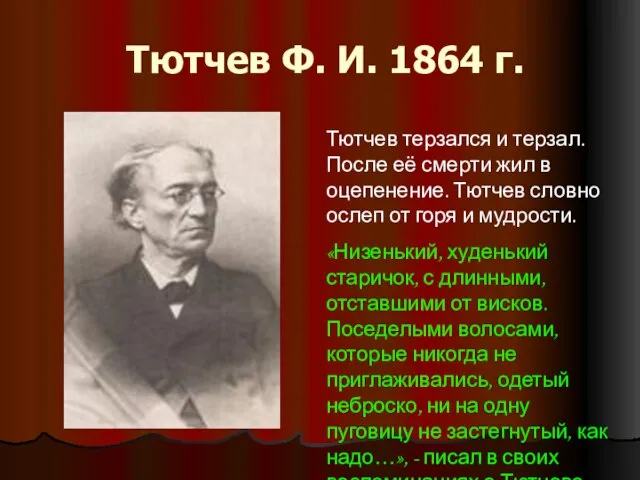 Тютчев Ф. И. 1864 г. Тютчев терзался и терзал. После её