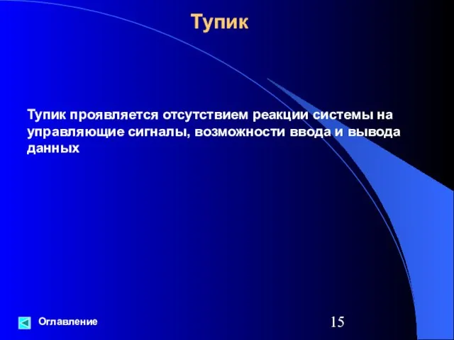 Тупик Оглавление Тупик проявляется отсутствием реакции системы на управляющие сигналы, возможности ввода и вывода данных