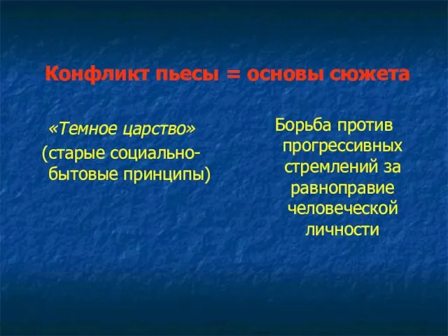 Конфликт пьесы = основы сюжета «Темное царство» (старые социально-бытовые принципы) Борьба