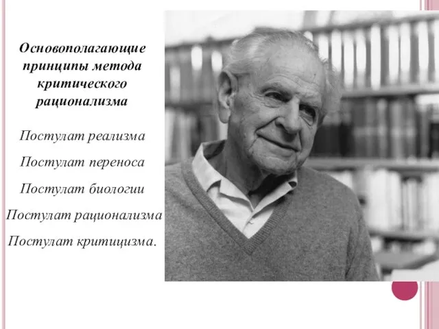 Основополагающие принципы метода критического рационализма Постулат реализма Постулат переноса Постулат биологии Постулат рационализма Постулат критицизма.