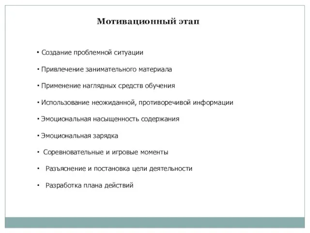 Мотивационный этап Создание проблемной ситуации Привлечение занимательного материала Применение наглядных средств