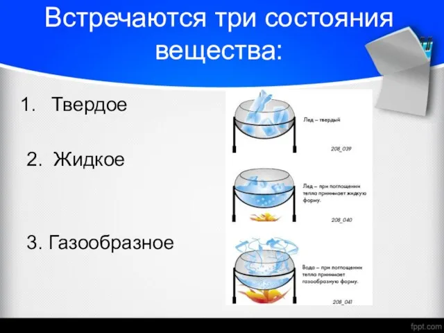 Встречаются три состояния вещества: Твердое 2. Жидкое 3. Газообразное