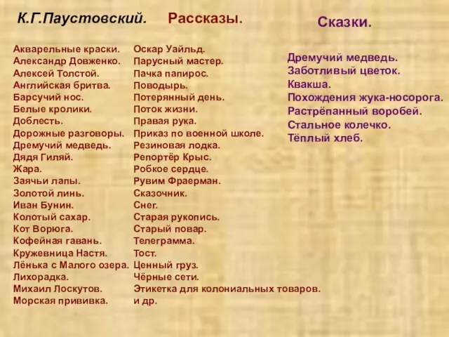 К.Г.Паустовский. Рассказы. Акварельные краски. Александр Довженко. Алексей Толстой. Английская бритва. Барсучий