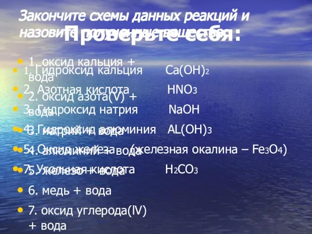 Закончите схемы данных реакций и назовите полученные вещества: 1. оксид кальция