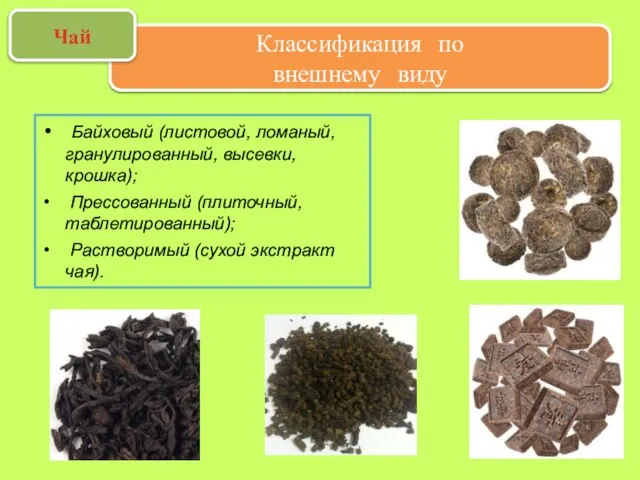 Классификация по внешнему виду Чай Байховый (листовой, ломаный, гранулированный, высевки, крошка);
