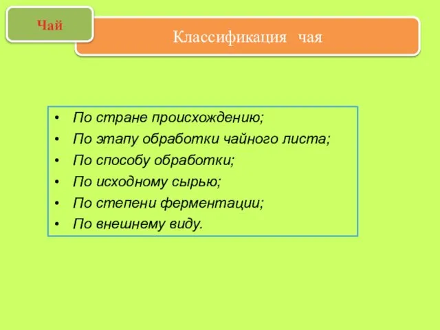 Классификация чая Чай По стране происхождению; По этапу обработки чайного листа;