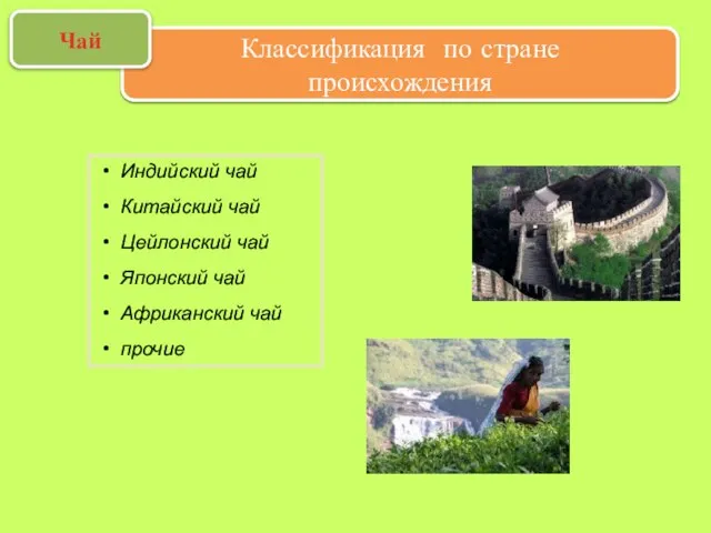 Классификация по стране происхождения Чай Индийский чай Китайский чай Цейлонский чай Японский чай Африканский чай прочие