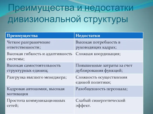 Преимущества и недостатки дивизиональной структуры