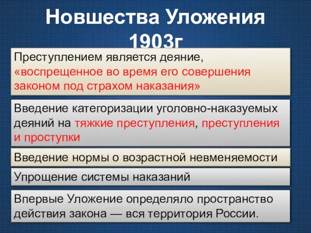 Новшества Уложения 1903г Преступлением является деяние, «воспрещенное во время его совершения