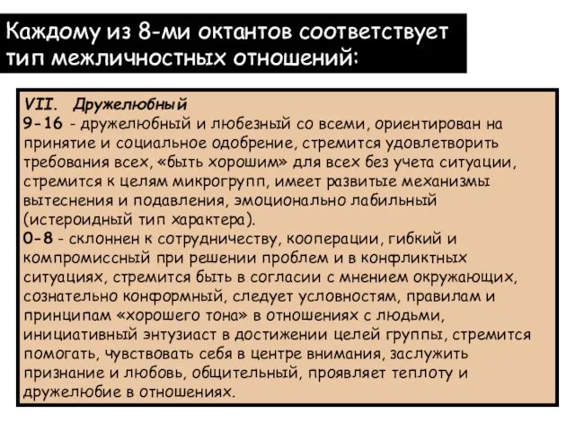 Каждому из 8-ми октантов соответствует тип межличностных отношений: VII. Дружелюбный 9-16