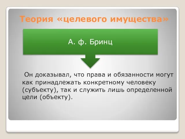 Теория «целевого имущества» Он доказывал, что права и обязанности могут как