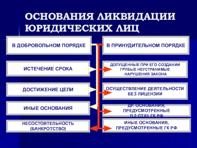 ОСНОВАНИЯ ЛИКВИДАЦИИ ЮРИДИЧЕСКИХ ЛИЦ В ДОБРОВОЛЬНОМ ПОРЯДКЕ В ПРИНУДИТЕЛЬНОМ ПОРЯДКЕ ИСТЕЧЕНИЕ