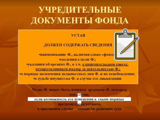 УЧРЕДИТЕЛЬНЫЕ ДОКУМЕНТЫ ФОНДА УСТАВ ДОЛЖЕН СОДЕРЖАТЬ СВЕДЕНИЯ наименование Ф., включая слово