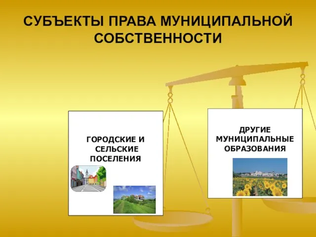 СУБЪЕКТЫ ПРАВА МУНИЦИПАЛЬНОЙ СОБСТВЕННОСТИ ГОРОДСКИЕ И СЕЛЬСКИЕ ПОСЕЛЕНИЯ ДРУГИЕ МУНИЦИПАЛЬНЫЕ ОБРАЗОВАНИЯ