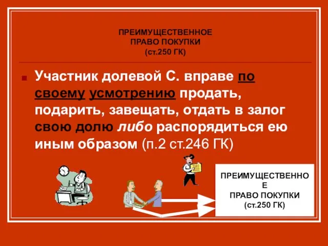 ПРЕИМУЩЕСТВЕННОЕ ПРАВО ПОКУПКИ (ст.250 ГК) Участник долевой С. вправе по своему