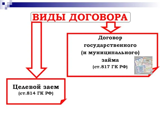 ВИДЫ ДОГОВОРА Целевой заем (ст.814 ГК РФ) Договор государственного (и муниципального) займа (ст.817 ГК РФ)