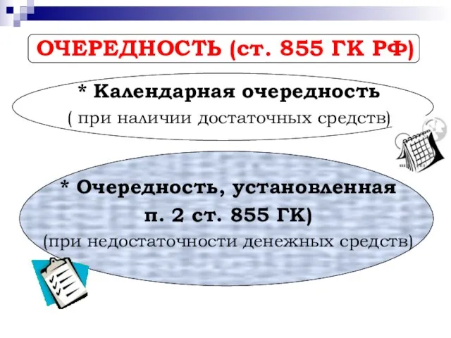 ОЧЕРЕДНОСТЬ (ст. 855 ГК РФ) * Календарная очередность ( при наличии