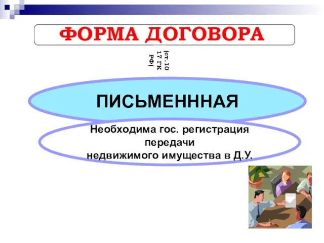 ПИСЬМЕНННАЯ ФОРМА ДОГОВОРА (ст.1017 ГК РФ) Необходима гос. регистрация передачи недвижимого имущества в Д.У.