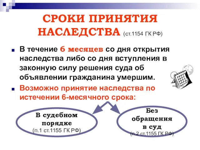 СРОКИ ПРИНЯТИЯ НАСЛЕДСТВА (ст.1154 ГК РФ) В течение 6 месяцев со