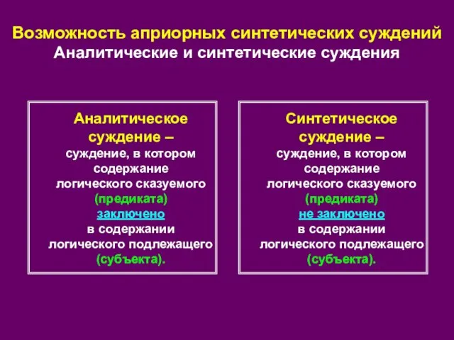 Возможность априорных синтетических суждений Аналитические и синтетические суждения Аналитическое суждение –