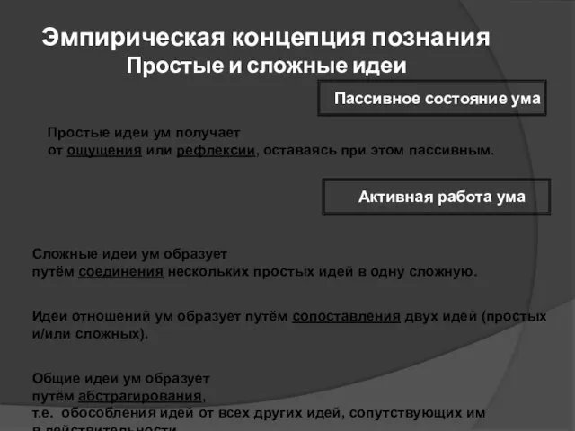 Эмпирическая концепция познания Простые и сложные идеи Простые идеи ум получает