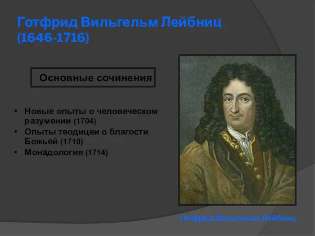 Готфрид Вильгельм Лейбниц (1646-1716) Готфрид Вильгельм Лейбниц Новые опыты о человеческом