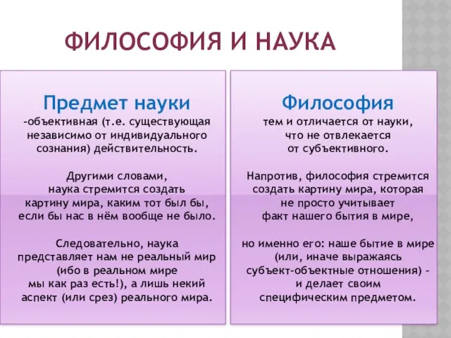 ФИЛОСОФИЯ И НАУКА Предмет науки –объективная (т.е. существующая независимо от индивидуального