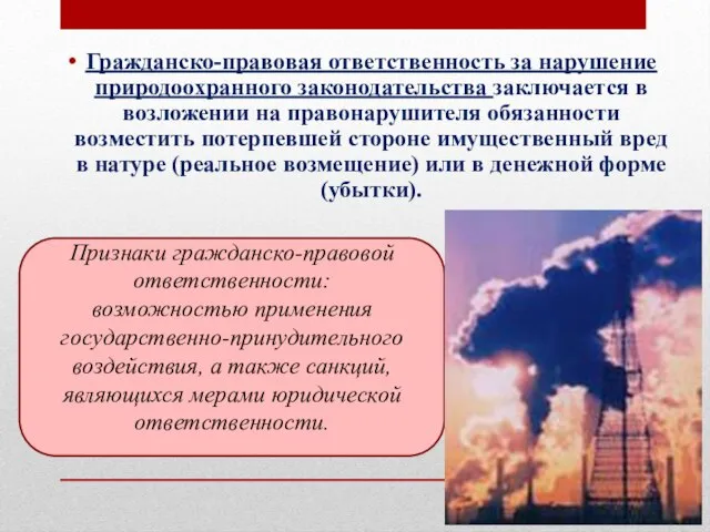 Гражданско-правовая ответственность за нарушение природоохранного законодательства заключается в возложении на правонарушителя