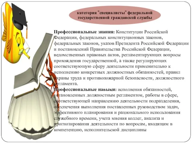 Профессиональные знания: Конституции Российской Федерации, федеральных конституционных законов, федеральных законов, указов