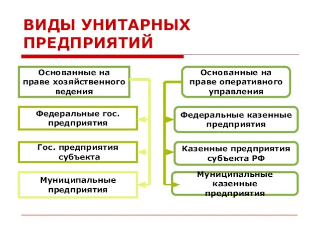 ВИДЫ УНИТАРНЫХ ПРЕДПРИЯТИЙ Основанные на праве хозяйственного ведения Основанные на праве