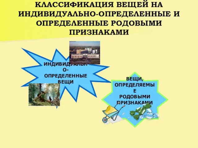 КЛАССИФИКАЦИЯ ВЕЩЕЙ НА ИНДИВИДУАЛЬНО-ОПРЕДЕЛЕННЫЕ И ОПРЕДЕЛЕННЫЕ РОДОВЫМИ ПРИЗНАКАМИ ИНДИВИДУАЛЬНО- ОПРЕДЕЛЕННЫЕ ВЕЩИ ВЕЩИ, ОПРЕДЕЛЯЕМЫЕ РОДОВЫМИ ПРИЗНАКАМИ