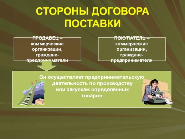 СТОРОНЫ ДОГОВОРА ПОСТАВКИ ПРОДАВЕЦ – коммерческие организации, граждане-предприниматели ПОКУПАТЕЛЬ – коммерческие