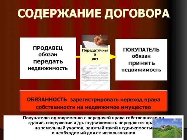 СОДЕРЖАНИЕ ДОГОВОРА ПРОДАВЕЦ обязан передать недвижимость ПОКУПАТЕЛЬ обязан принять недвижимость Передаточный