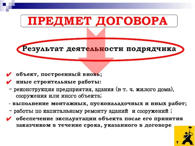 ПРЕДМЕТ ДОГОВОРА Результат деятельности подрядчика объект, построенный вновь; иные строительные работы: