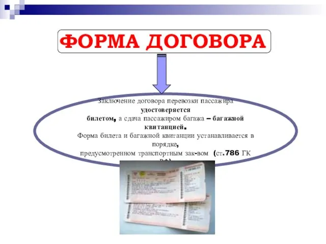 ФОРМА ДОГОВОРА Заключение договора перевозки пассажира удостоверяется билетом, а сдача пассажиром