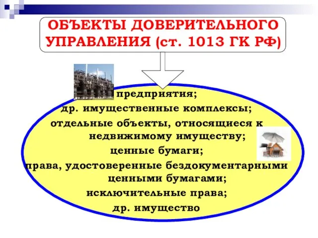 ОБЪЕКТЫ ДОВЕРИТЕЛЬНОГО УПРАВЛЕНИЯ (ст. 1013 ГК РФ) предприятия; др. имущественные комплексы;