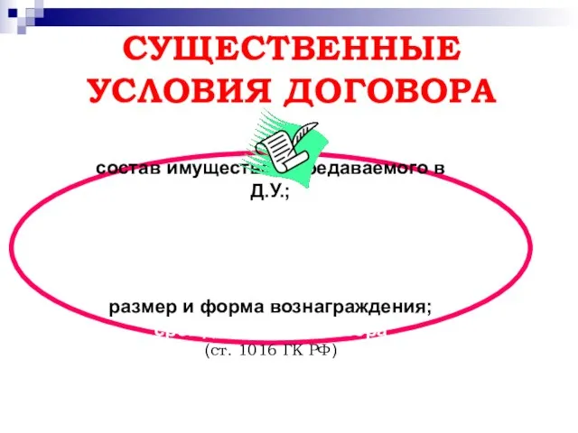 СУЩЕСТВЕННЫЕ УСЛОВИЯ ДОГОВОРА состав имущества, передаваемого в Д.У.; наименование юр. лица