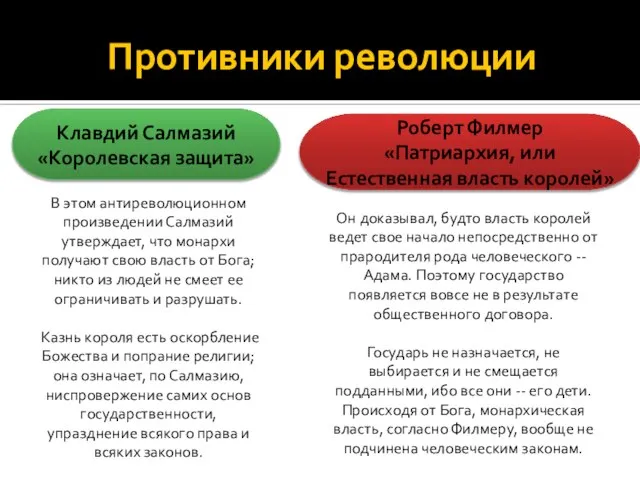 Противники революции Клавдий Салмазий «Королевская защита» В этом антиреволюционном произведении Салмазий
