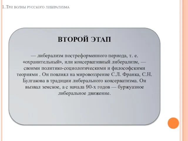 1.Три волны русского либерализма ВТОРОЙ ЭТАП — либерализм постреформенного периода, т.