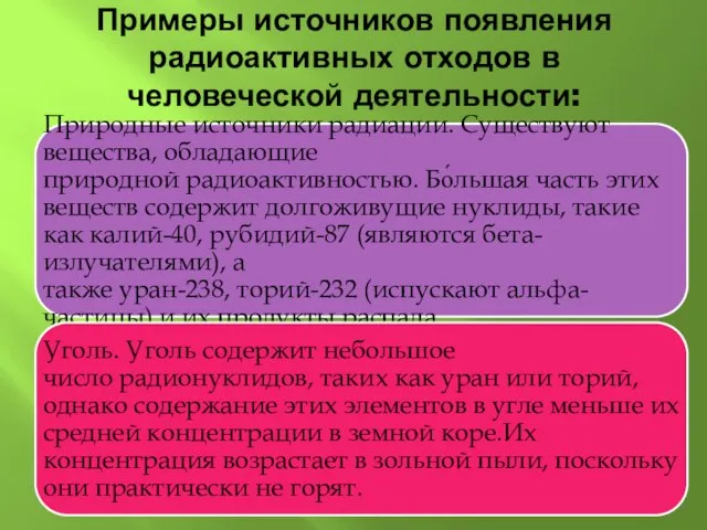 Примеры источников появления радиоактивных отходов в человеческой деятельности: