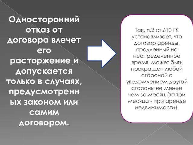 Односторонний отказ от договора влечет его расторжение и допускается только в